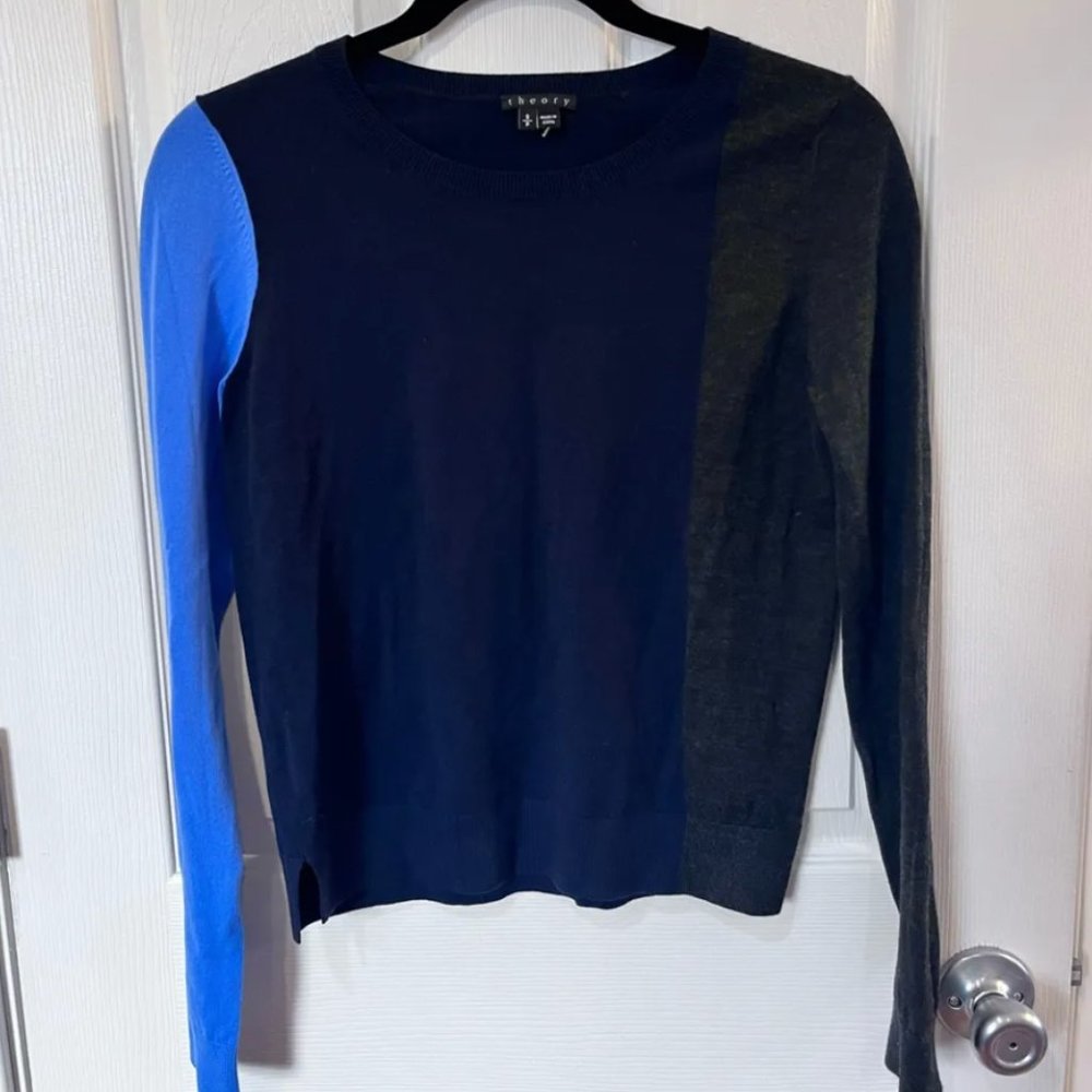 Theory Color-Block Crewneck Sweater in Navy, Sky Blue, and Gray